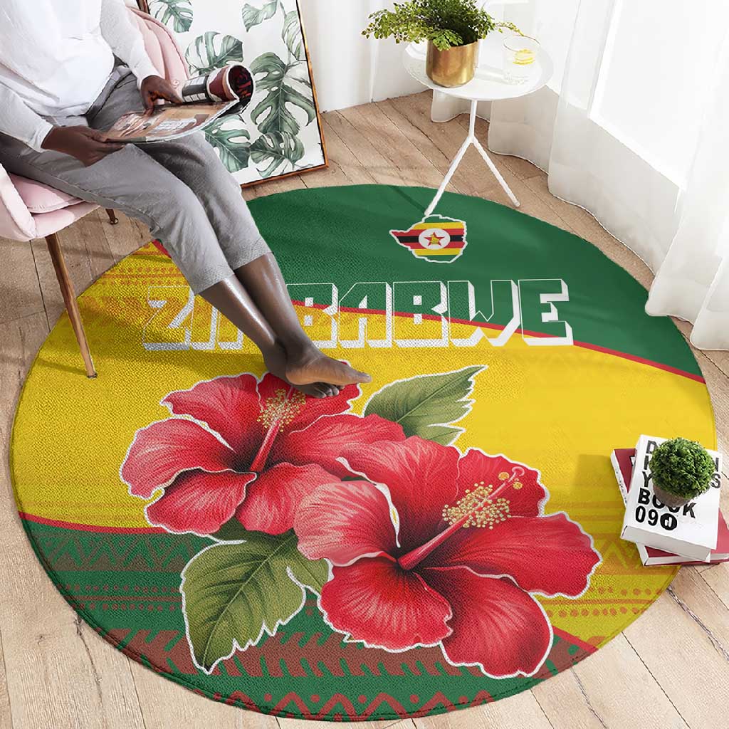 Zimbabwe Flag Map Round Carpet African Tribal Pattern Red Hibiscus Flowers