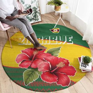 Zimbabwe Flag Map Round Carpet African Tribal Pattern Red Hibiscus Flowers