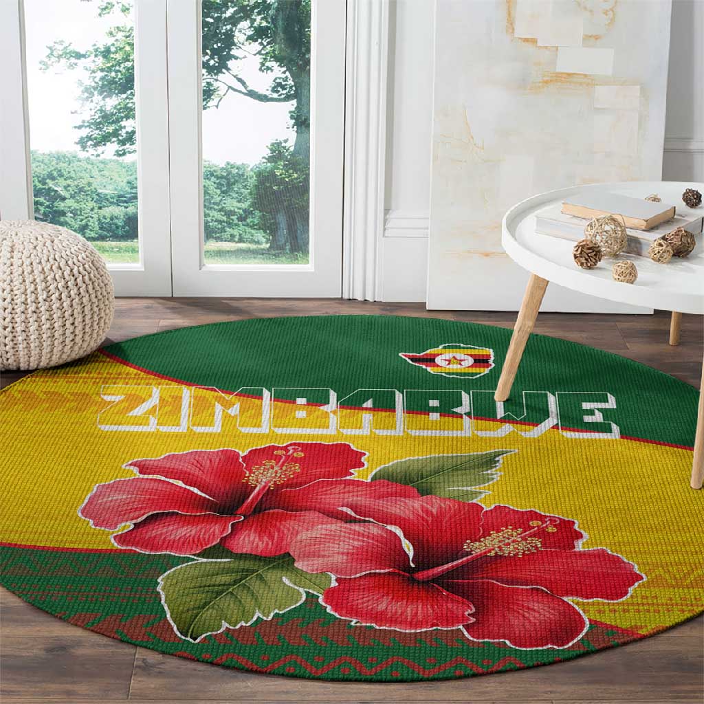 Zimbabwe Flag Map Round Carpet African Tribal Pattern Red Hibiscus Flowers