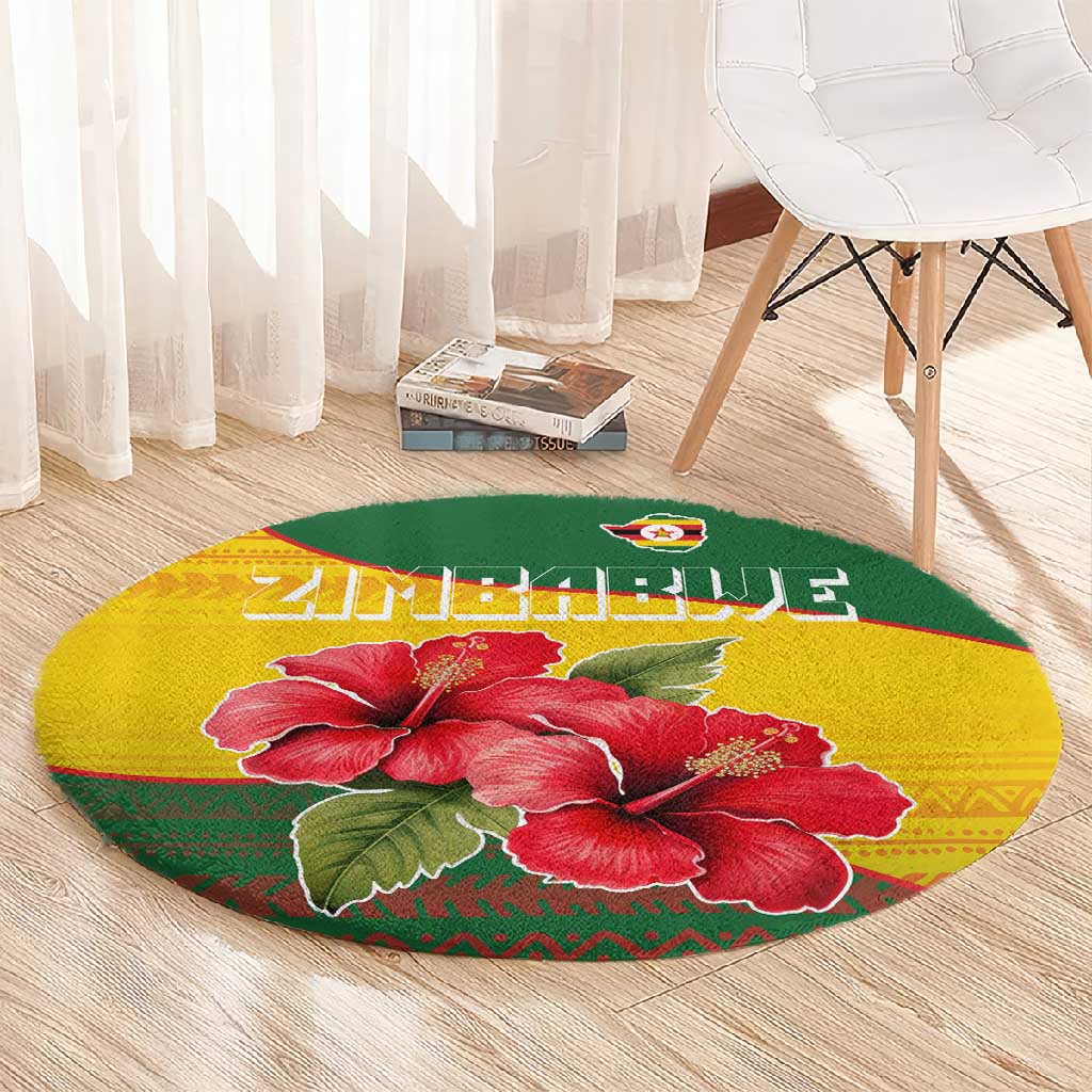 Zimbabwe Flag Map Round Carpet African Tribal Pattern Red Hibiscus Flowers