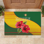 Zimbabwe Flag Map Rubber Doormat African Tribal Pattern Red Hibiscus Flowers