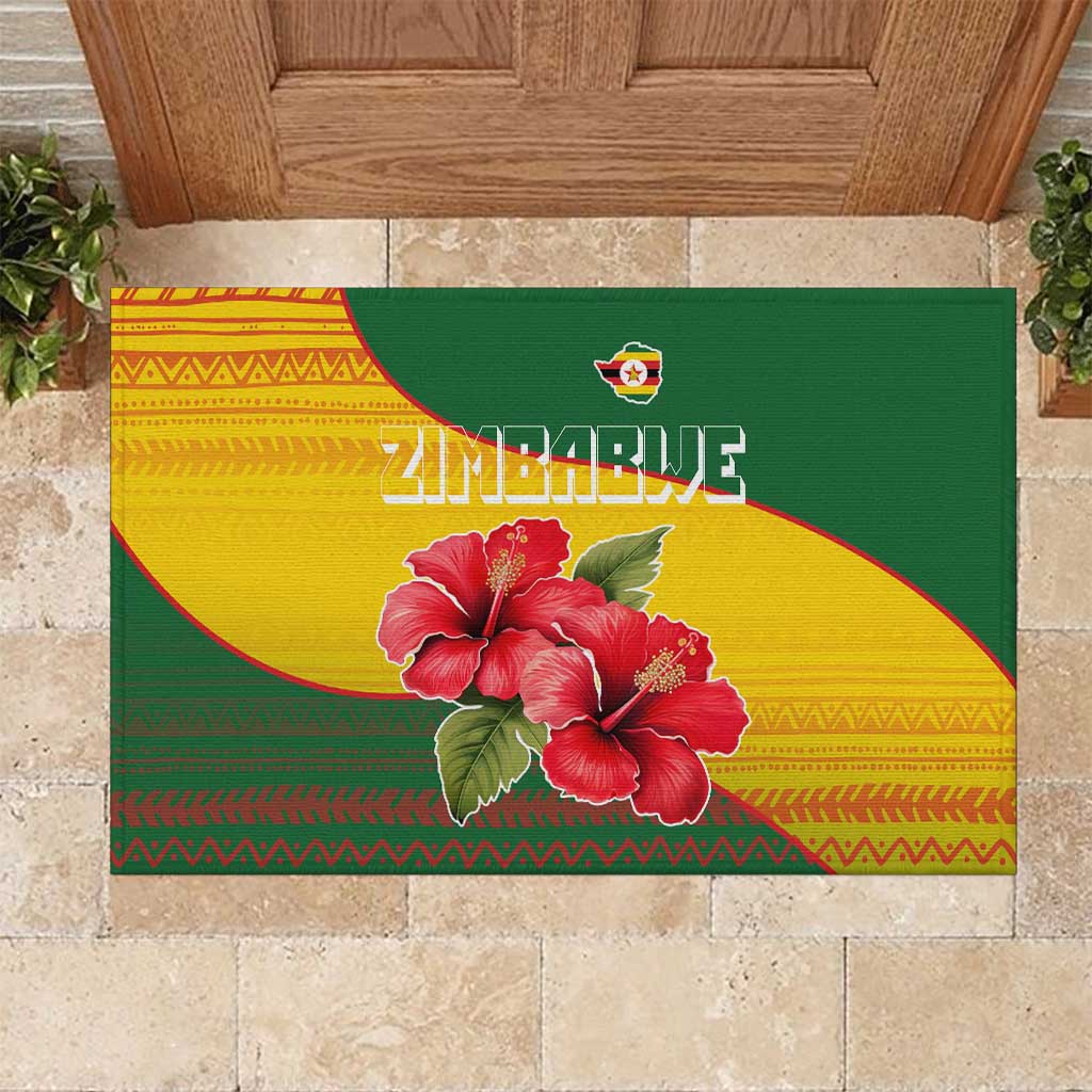 Zimbabwe Flag Map Rubber Doormat African Tribal Pattern Red Hibiscus Flowers