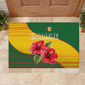 Zimbabwe Flag Map Rubber Doormat African Tribal Pattern Red Hibiscus Flowers