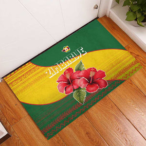 Zimbabwe Flag Map Rubber Doormat African Tribal Pattern Red Hibiscus Flowers