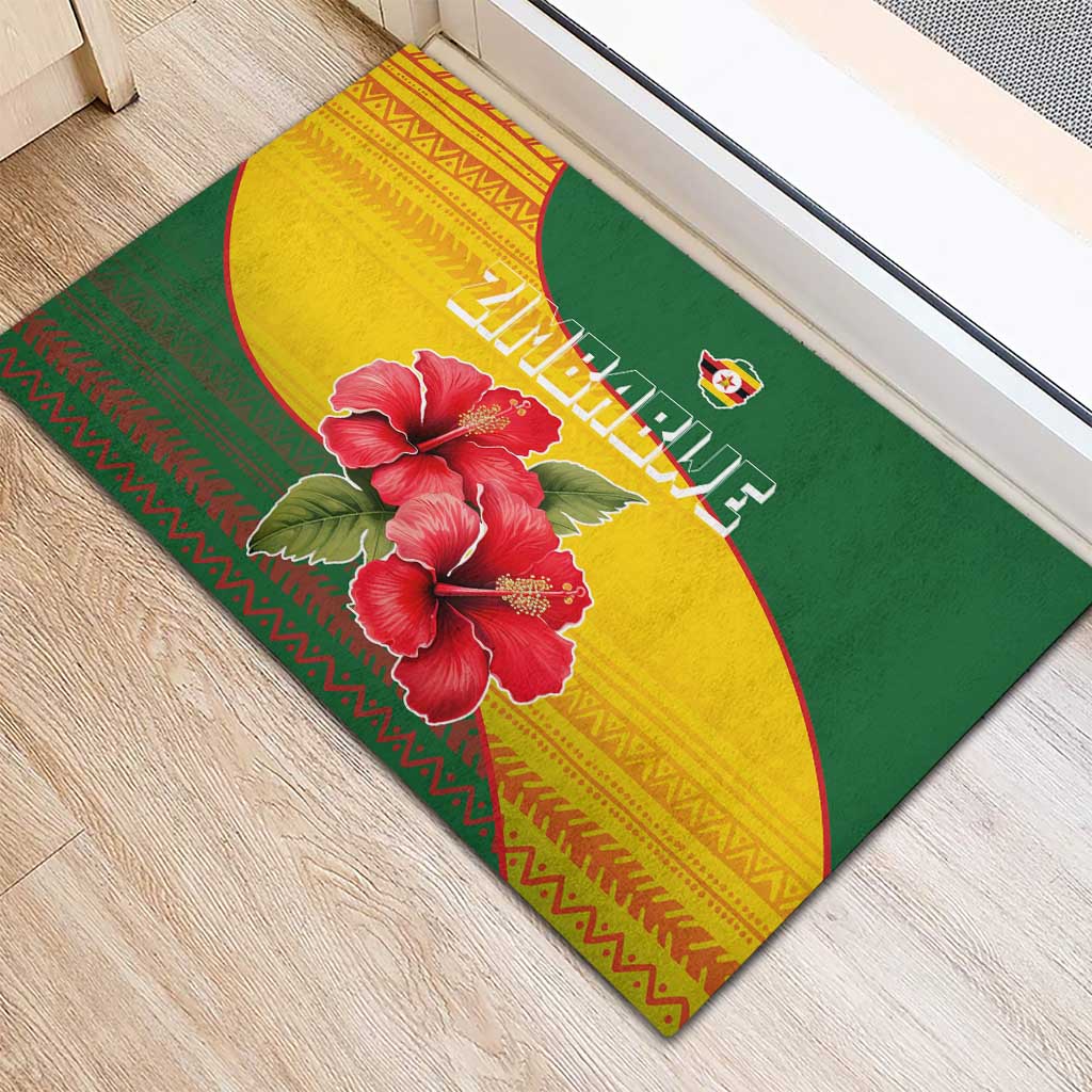 Zimbabwe Flag Map Rubber Doormat African Tribal Pattern Red Hibiscus Flowers