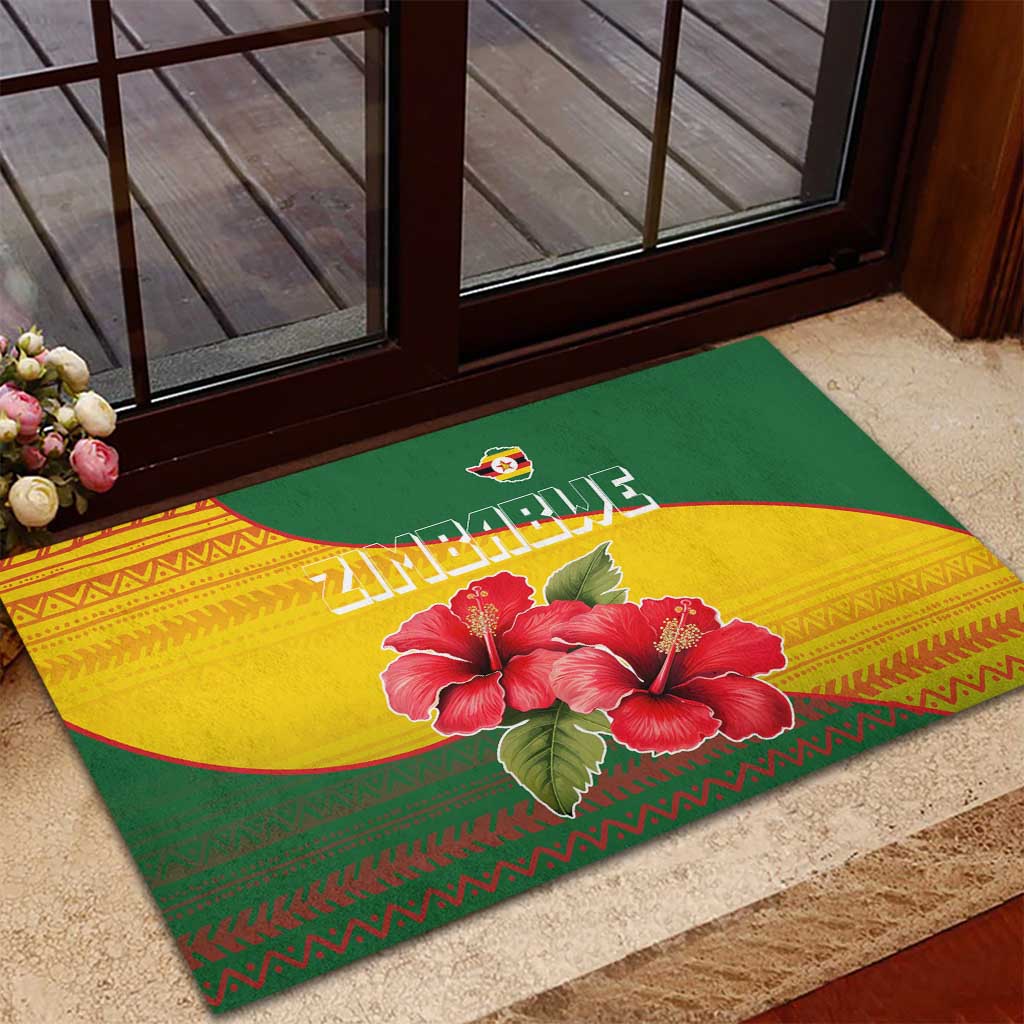 Zimbabwe Flag Map Rubber Doormat African Tribal Pattern Red Hibiscus Flowers