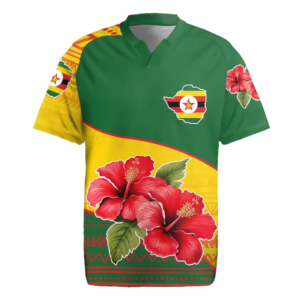 Zimbabwe Flag Map Rugby Jersey African Tribal Pattern Red Hibiscus Flowers