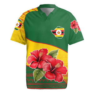 Zimbabwe Flag Map Rugby Jersey African Tribal Pattern Red Hibiscus Flowers