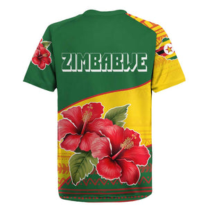 Zimbabwe Flag Map Rugby Jersey African Tribal Pattern Red Hibiscus Flowers