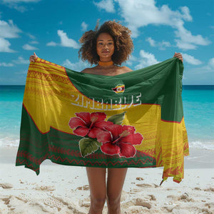 Zimbabwe Flag Map Sarong African Tribal Pattern Red Hibiscus Flowers