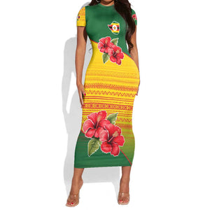 Zimbabwe Flag Map Short Sleeve Bodycon Dress African Tribal Pattern Red Hibiscus Flowers TS04