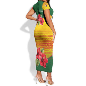 Zimbabwe Flag Map Short Sleeve Bodycon Dress African Tribal Pattern Red Hibiscus Flowers TS04