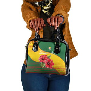 Zimbabwe Flag Map Shoulder Handbag African Tribal Pattern Red Hibiscus Flowers