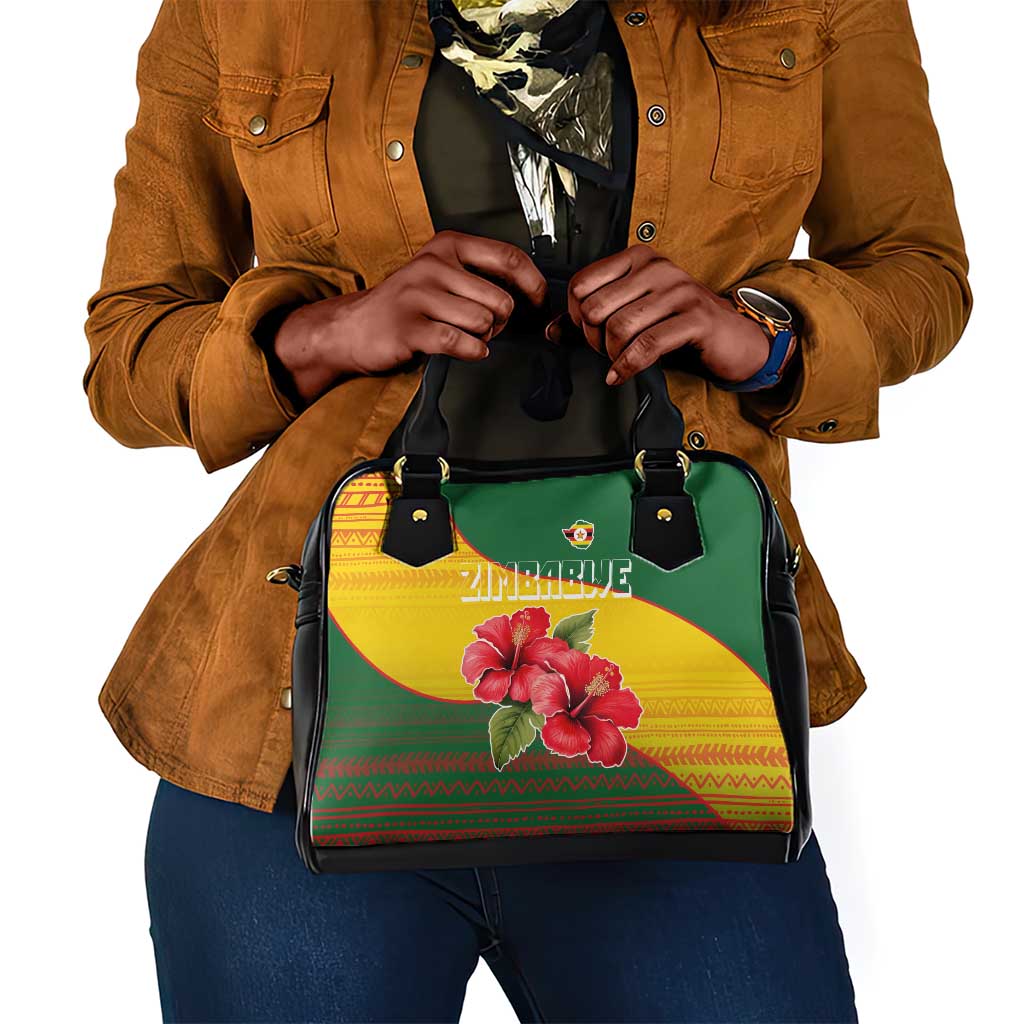 Zimbabwe Flag Map Shoulder Handbag African Tribal Pattern Red Hibiscus Flowers