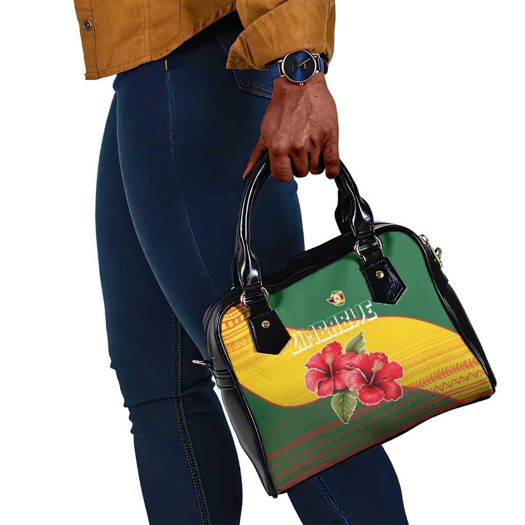 Zimbabwe Flag Map Shoulder Handbag African Tribal Pattern Red Hibiscus Flowers