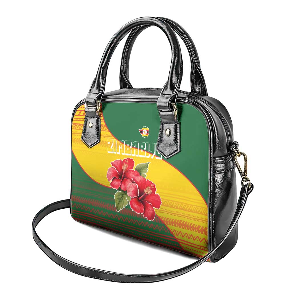 Zimbabwe Flag Map Shoulder Handbag African Tribal Pattern Red Hibiscus Flowers