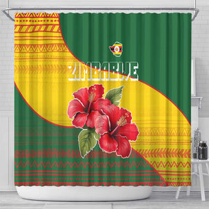 Zimbabwe Flag Map Shower Curtain African Tribal Pattern Red Hibiscus Flowers