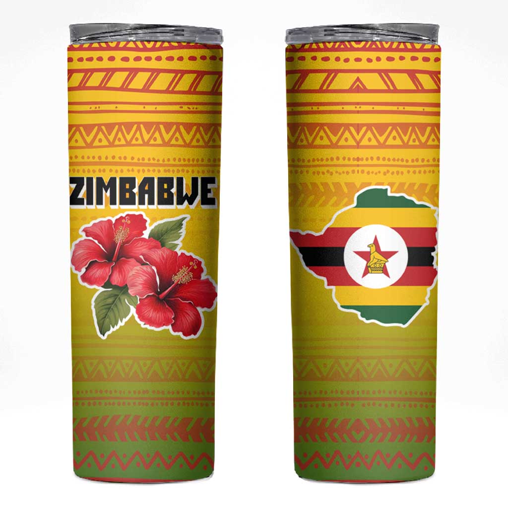 Zimbabwe Flag Map Skinny Tumbler African Tribal Pattern Red Hibiscus Flowers