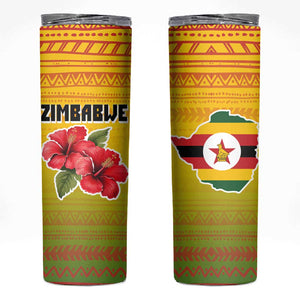 Zimbabwe Flag Map Skinny Tumbler African Tribal Pattern Red Hibiscus Flowers
