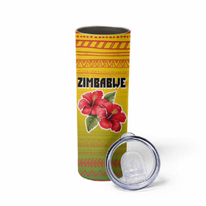 Zimbabwe Flag Map Skinny Tumbler African Tribal Pattern Red Hibiscus Flowers