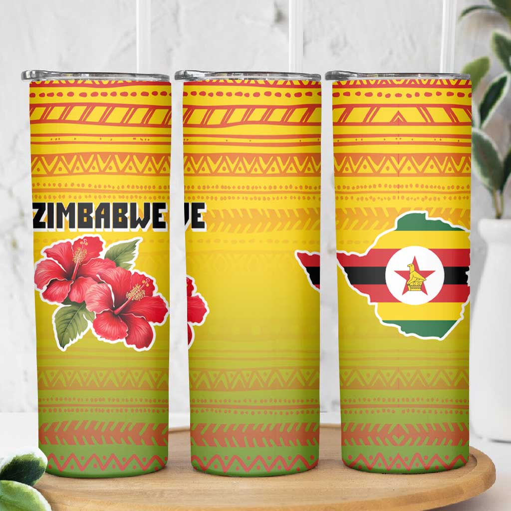 Zimbabwe Flag Map Skinny Tumbler African Tribal Pattern Red Hibiscus Flowers