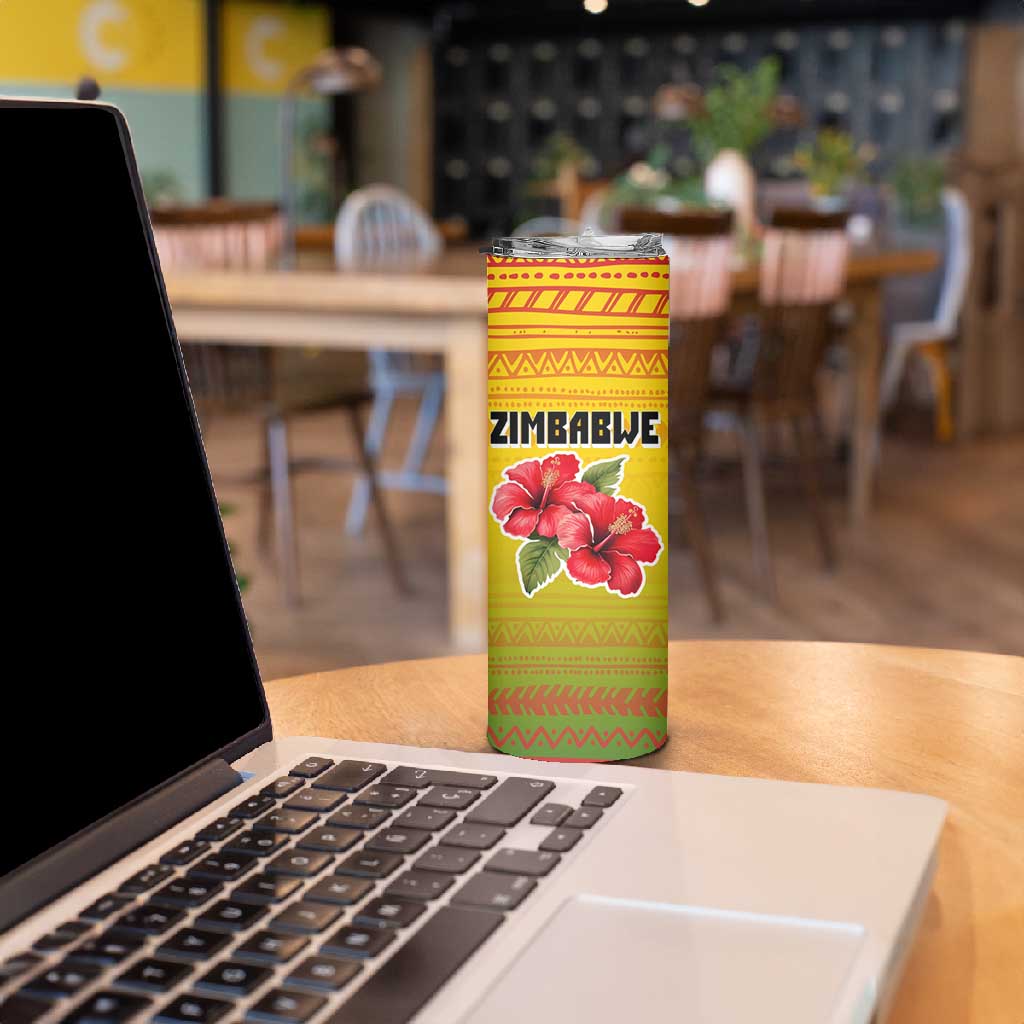 Zimbabwe Flag Map Skinny Tumbler African Tribal Pattern Red Hibiscus Flowers