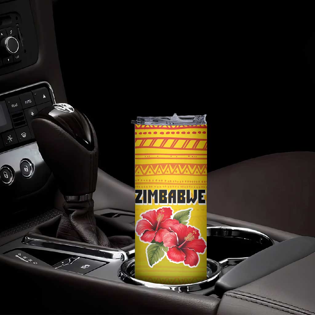 Zimbabwe Flag Map Skinny Tumbler African Tribal Pattern Red Hibiscus Flowers