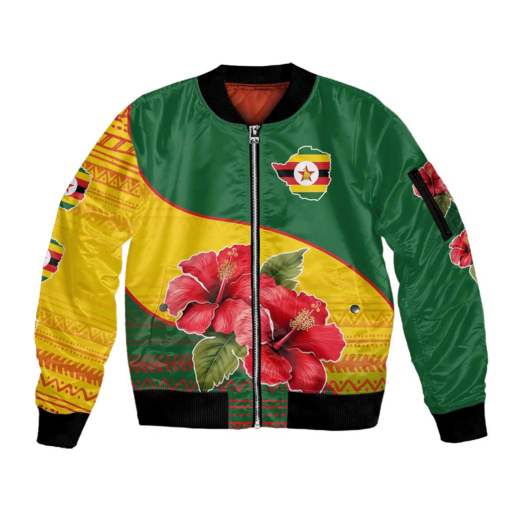 Zimbabwe Flag Map Sleeve Zip Bomber Jacket African Tribal Pattern Red Hibiscus Flowers
