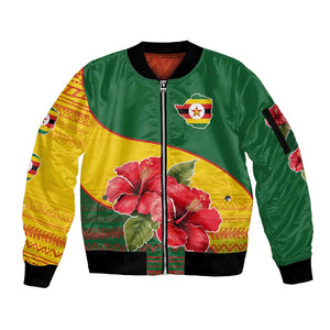 Zimbabwe Flag Map Sleeve Zip Bomber Jacket African Tribal Pattern Red Hibiscus Flowers
