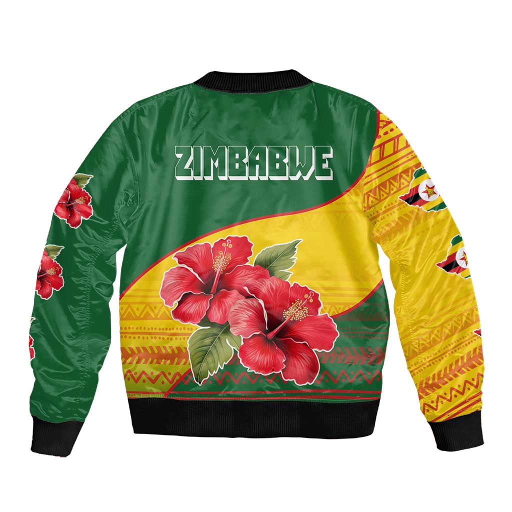 Zimbabwe Flag Map Sleeve Zip Bomber Jacket African Tribal Pattern Red Hibiscus Flowers