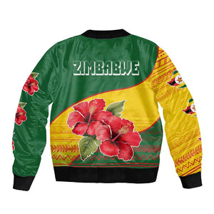 Zimbabwe Flag Map Sleeve Zip Bomber Jacket African Tribal Pattern Red Hibiscus Flowers
