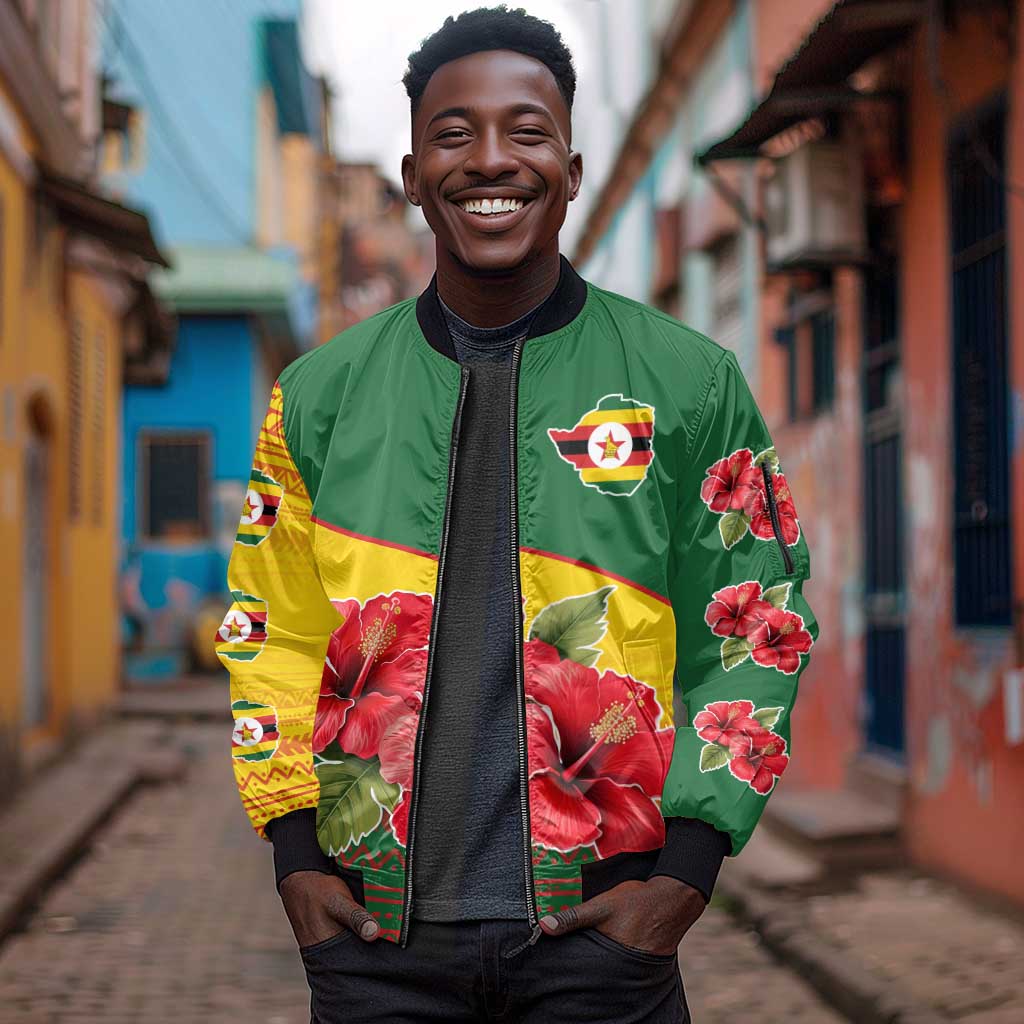 Zimbabwe Flag Map Sleeve Zip Bomber Jacket African Tribal Pattern Red Hibiscus Flowers