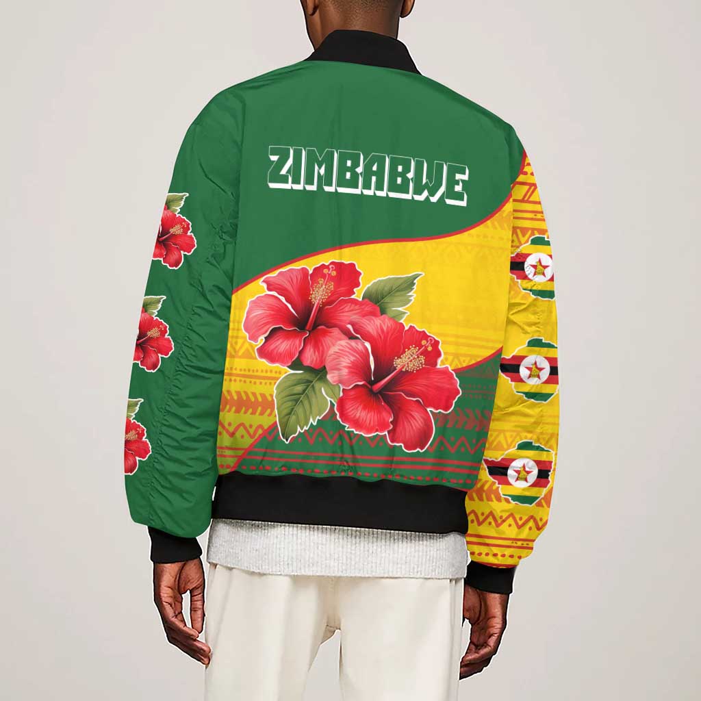 Zimbabwe Flag Map Sleeve Zip Bomber Jacket African Tribal Pattern Red Hibiscus Flowers
