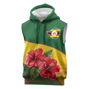 Zimbabwe Flag Map Sleeveless Hoodie African Tribal Pattern Red Hibiscus Flowers - African Pride