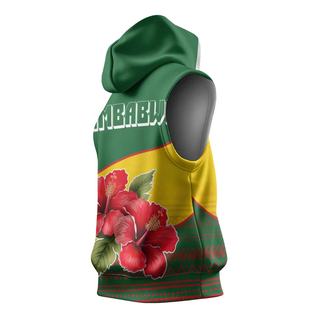 Zimbabwe Flag Map Sleeveless Hoodie African Tribal Pattern Red Hibiscus Flowers - African Pride