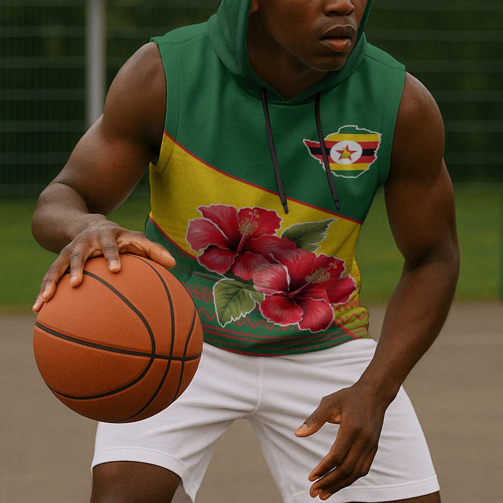 Zimbabwe Flag Map Sleeveless Hoodie African Tribal Pattern Red Hibiscus Flowers - African Pride