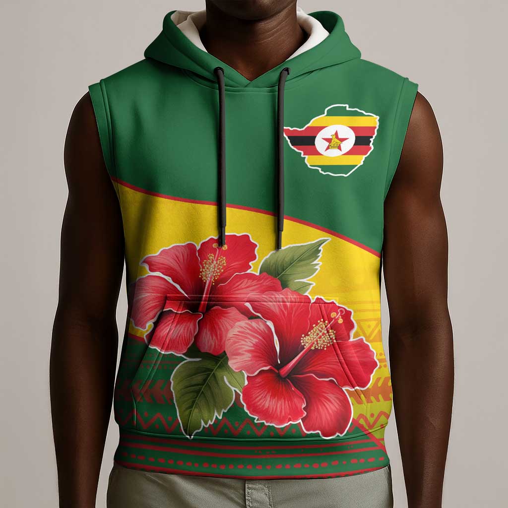Zimbabwe Flag Map Sleeveless Hoodie African Tribal Pattern Red Hibiscus Flowers - African Pride