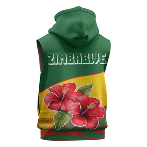 Zimbabwe Flag Map Sleeveless Zip Hoodie African Tribal Pattern Red Hibiscus Flowers - African Pride