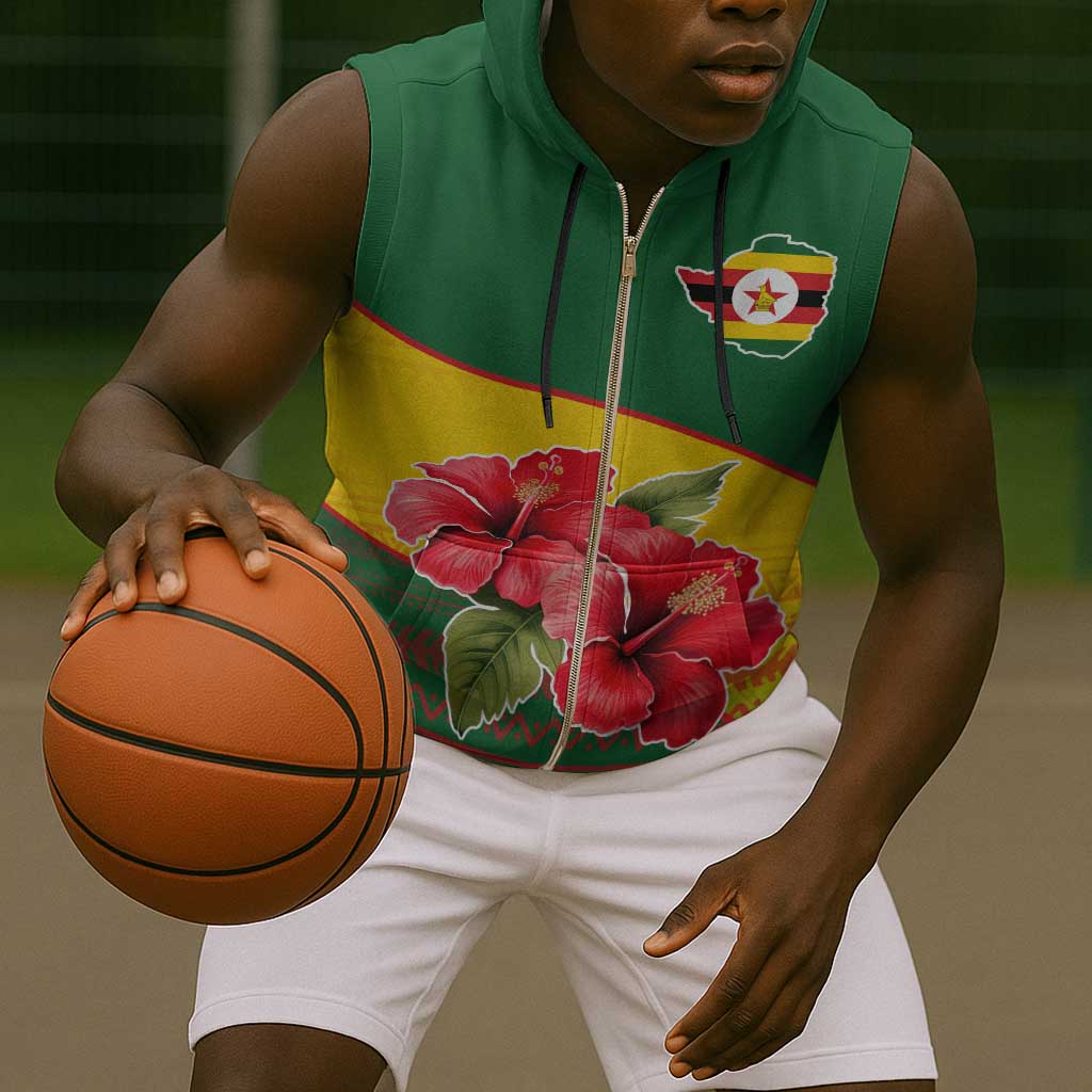 Zimbabwe Flag Map Sleeveless Zip Hoodie African Tribal Pattern Red Hibiscus Flowers - African Pride