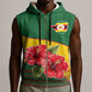 Zimbabwe Flag Map Sleeveless Zip Hoodie African Tribal Pattern Red Hibiscus Flowers - African Pride