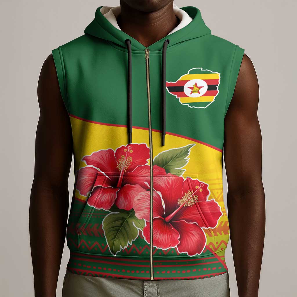 Zimbabwe Flag Map Sleeveless Zip Hoodie African Tribal Pattern Red Hibiscus Flowers - African Pride