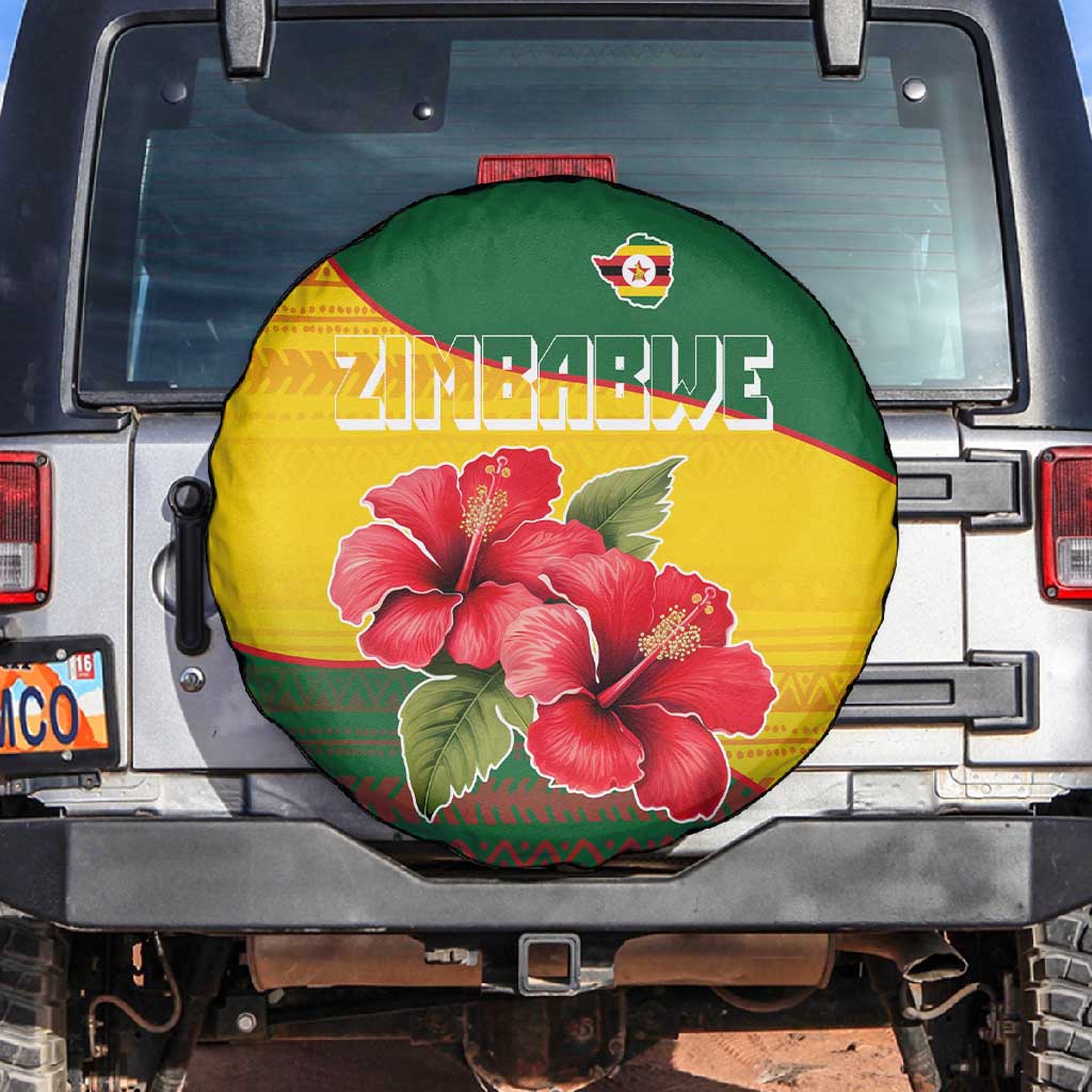 Zimbabwe Flag Map Spare Tire Cover African Tribal Pattern Red Hibiscus Flowers