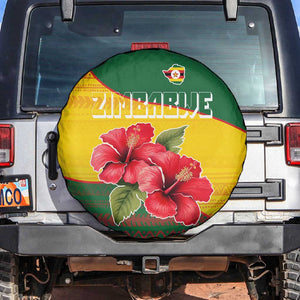 Zimbabwe Flag Map Spare Tire Cover African Tribal Pattern Red Hibiscus Flowers