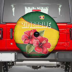 Zimbabwe Flag Map Spare Tire Cover African Tribal Pattern Red Hibiscus Flowers