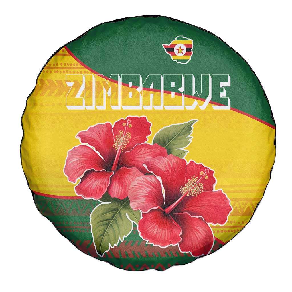 Zimbabwe Flag Map Spare Tire Cover African Tribal Pattern Red Hibiscus Flowers