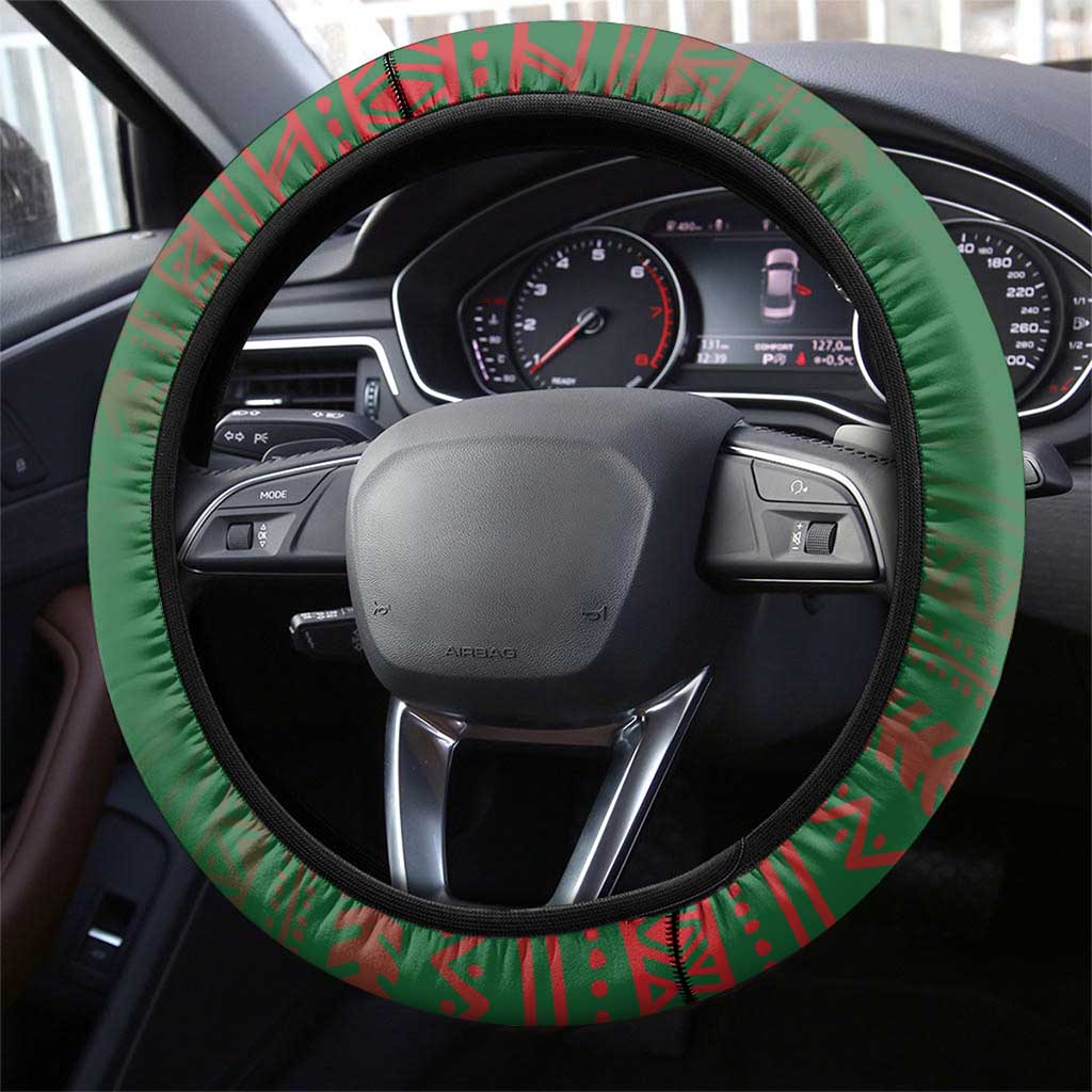 Zimbabwe Flag Map Steering Wheel Cover African Tribal Pattern Red Hibiscus Flowers