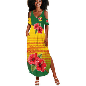 Zimbabwe Flag Map Summer Maxi Dress African Tribal Pattern Red Hibiscus Flowers