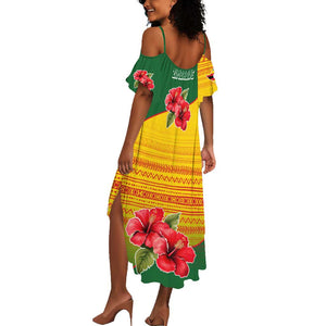 Zimbabwe Flag Map Summer Maxi Dress African Tribal Pattern Red Hibiscus Flowers