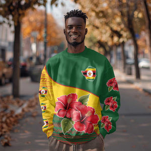 Zimbabwe Flag Map Sweatshirt African Tribal Pattern Red Hibiscus Flowers