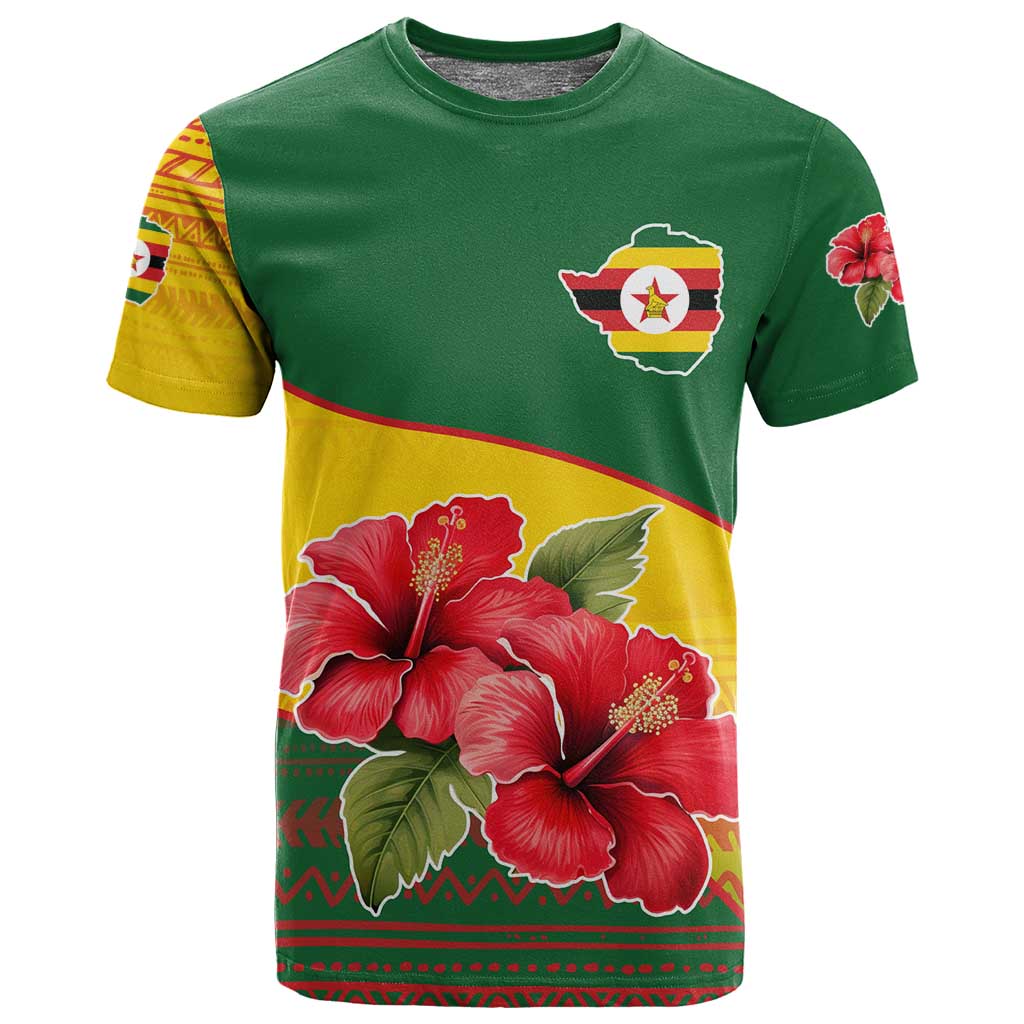 Zimbabwe Flag Map T shirt African Tribal Pattern Red Hibiscus Flowers